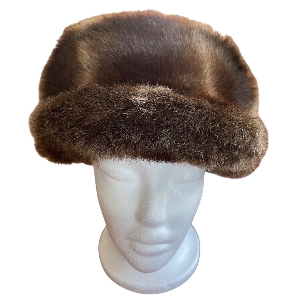 August Brown Faux Fur Pillbox Hat Women Vintage Style Winter‎ Accessory